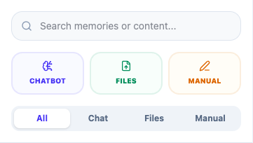 SiderMem main view — search bar, Chatbot / Files / Manual entry buttons, and source filter tabs