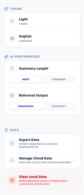 Settings page showing Account, Theme, AI Preferences, and Data sections